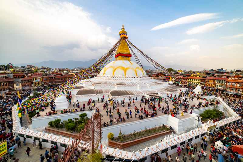 Boudhanath Stupa with prayer flags in Kathmandu Nepal