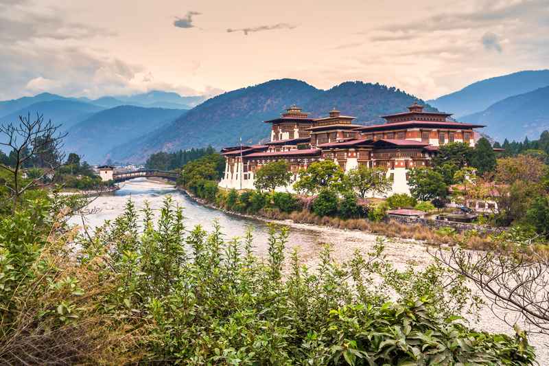 Punakha Dzong monastery by river in Bhutan